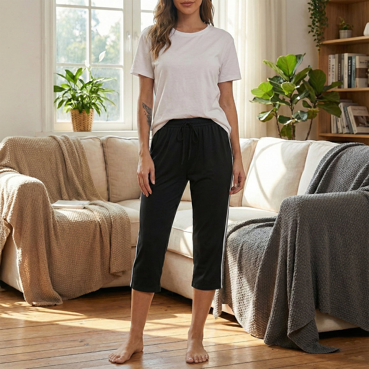Women's Capri Yoga Pants Loose Soft High Waist Drawstring Workout Sweatpants Causal Lounge Pants Flared Leggings with Pockets for Summer