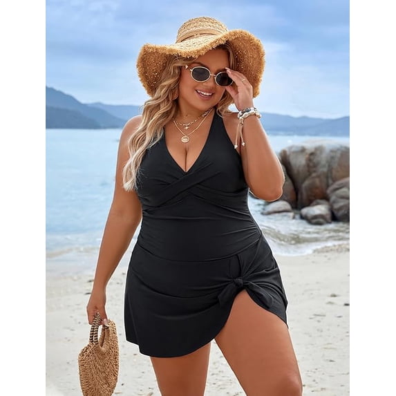 Women Plus Size Swimsuit One Piece Swim Dress Tummy Control Bathing Suits Criss Cross Modest Swimwear
