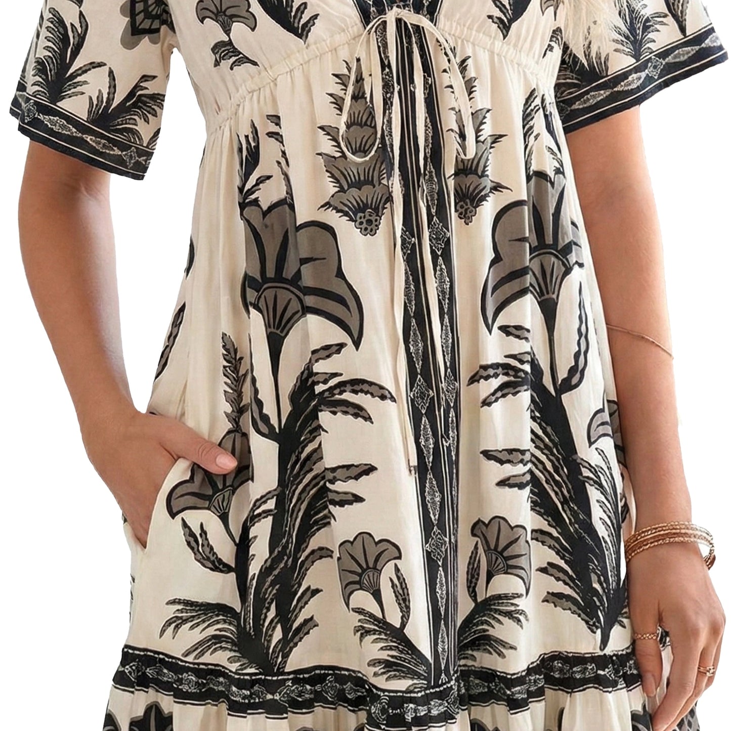 Women's Floral V Neck Maxi Dress Short Sleeve Shirred Flowy Summer Dresses