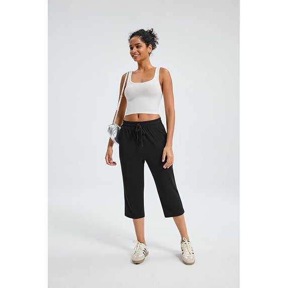 WQD Women’s Capri Sweatpants Yoga Pants Loose Workout Joggers High Waist Drawstring Flare Leggings Lounge Pajama Capris Pants with Pockets for Summer (Available in Plus Size)